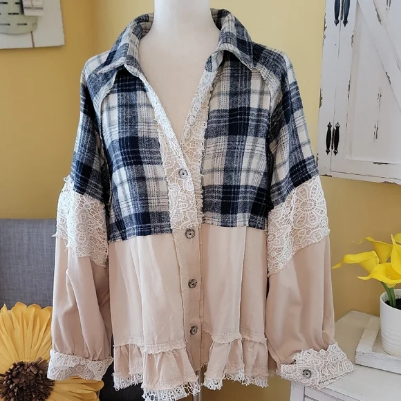 POL Blue Plaid and Cream Lace Button-Down Shirt - Picture 8 of 8